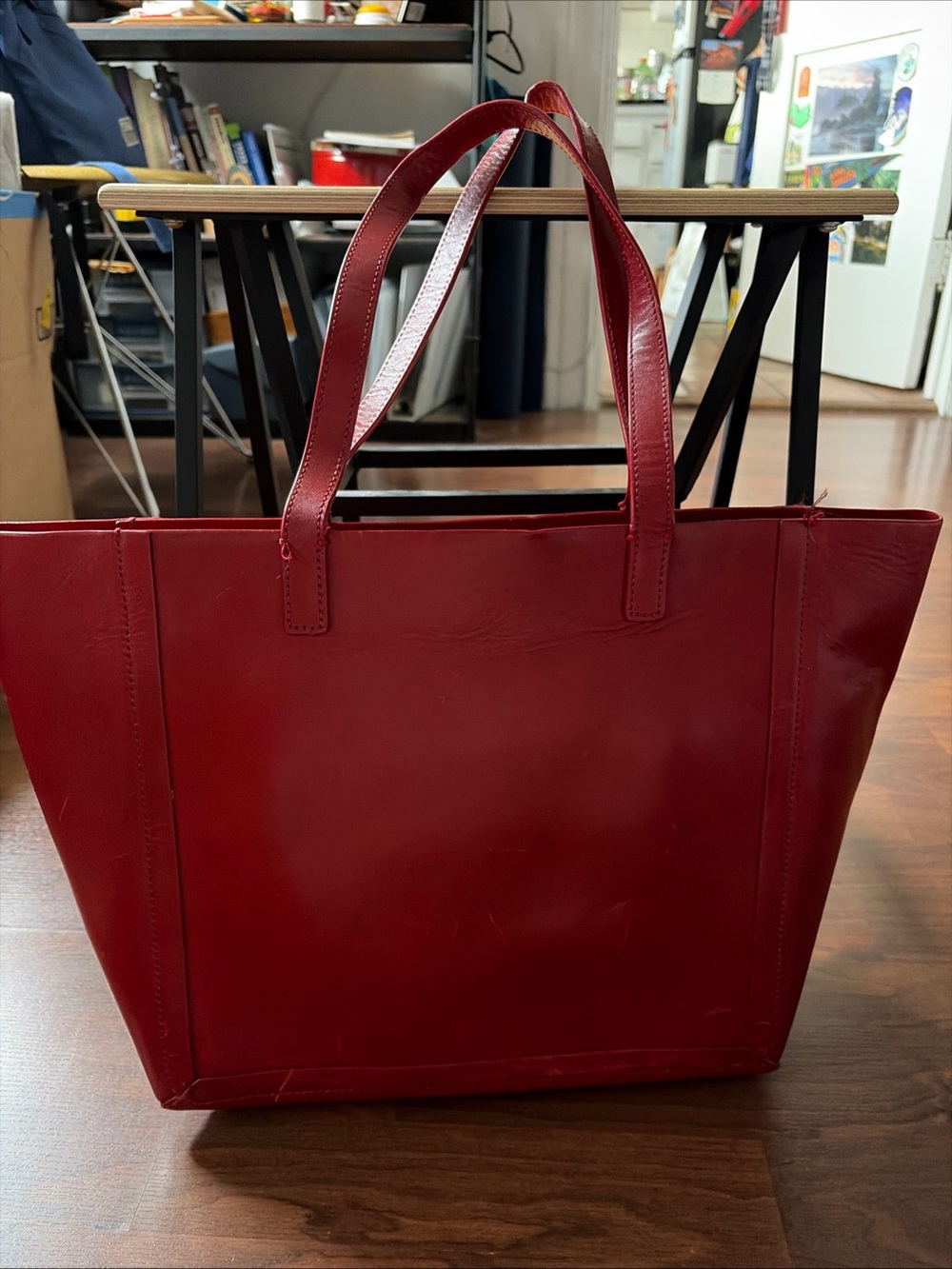 Loeffler Randall Crimson Red Leather Tote with Double Top Handles